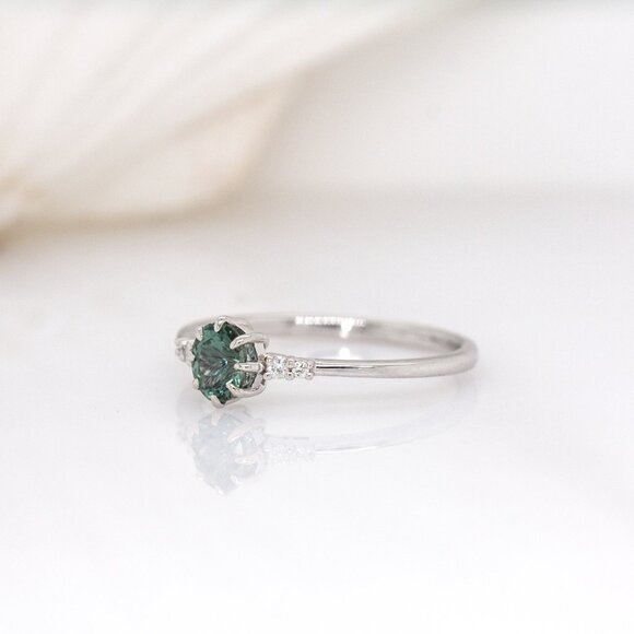 Teal Sapphire Ring in 14K Solid Gold with Natural Diamond Accents - Picture 5 of 8